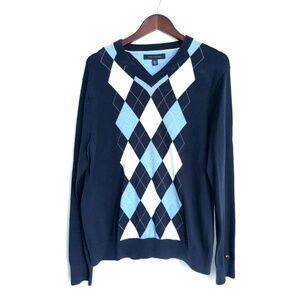 TOMMY HILFIGER Mens Medium Blue Ivory Argyle Long Sleeve Vneck Sweater VV13